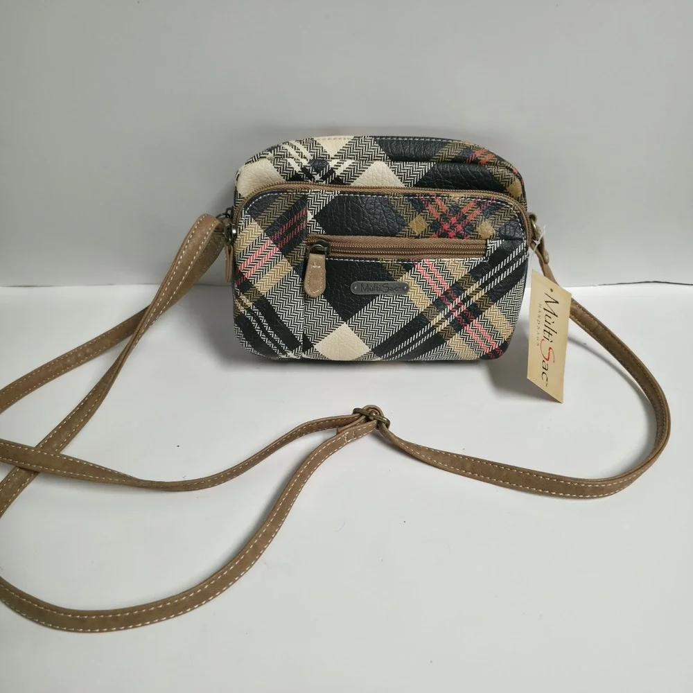 MultiSac Zippy Triple Compartment Crossbody Bexly Plaid Black Beige Red Handbag